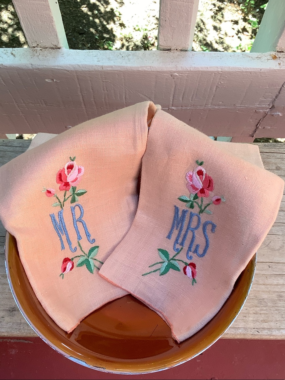 Vintage Pair of Mr & Mrs Linen Embroidered Hand Towels